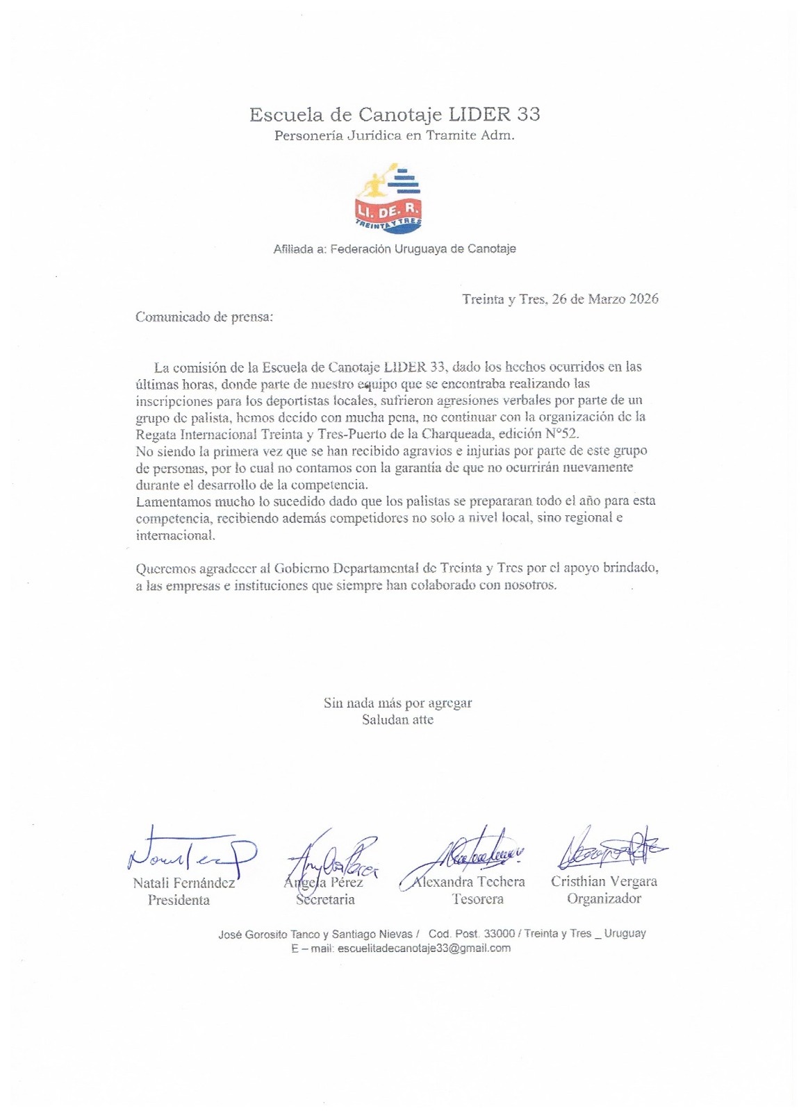 COMUNICADO DE LA ESCUELA DE CANOTAJE LIDER33 COMO ORGANIZADOR SUSPENDIO LAS REGATAS  TREINTA  TRES/ PUERTO CHARQUEADA