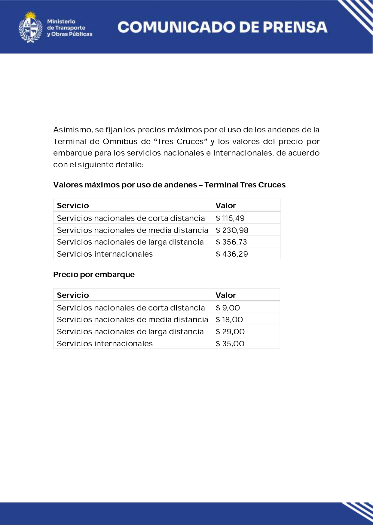 Nuevos valores tarifarios para el transporte público de pasajeros por carretera